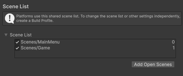 Scene List with Main Menu at the top Scene List with Main Menu at the top