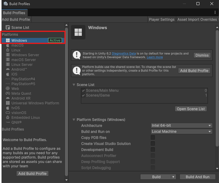 Windows tab in Build Profile Windows tab in Build Profile
