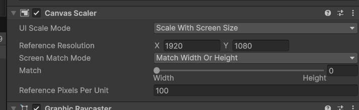 Canvas Scaler component with 1920x1080 reference resolution Canvas Scaler component with 1920x1080 reference resolution