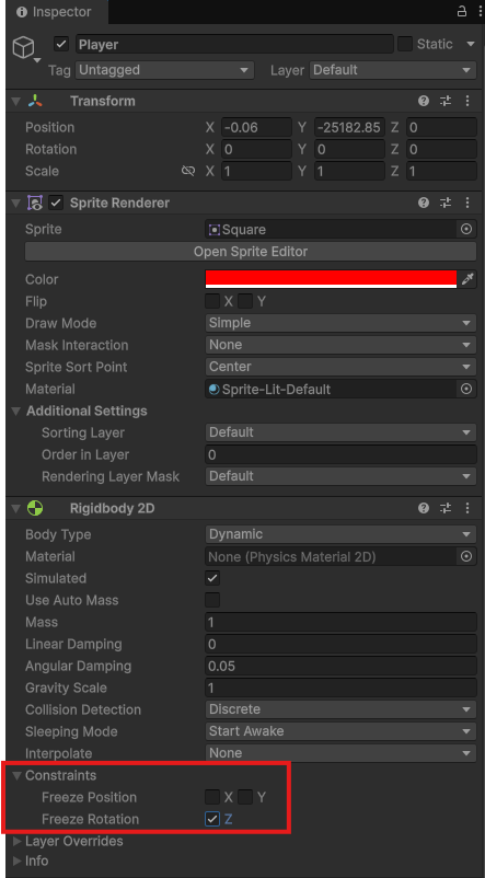 Rigidbody2D Freeze Rotation Z set to true Rigidbody2D Freeze Rotation Z set to true