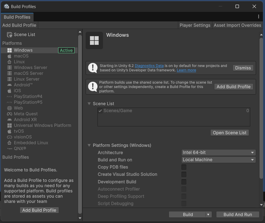 Build profiles image The Build Profiles menu