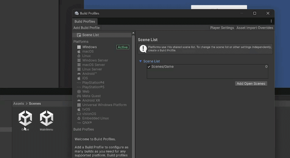 Scene List with Main Menu and Game
