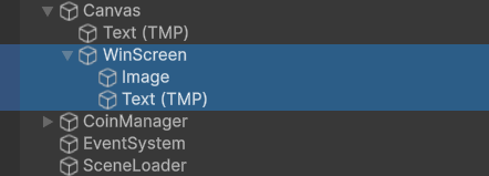 Win screen Hierarchy Win Screen in the hierarchy