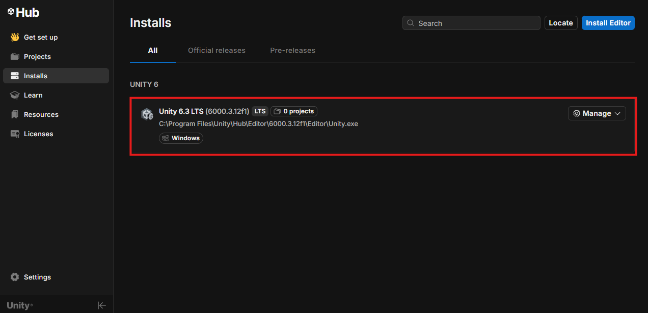 Editor in the Installs tab