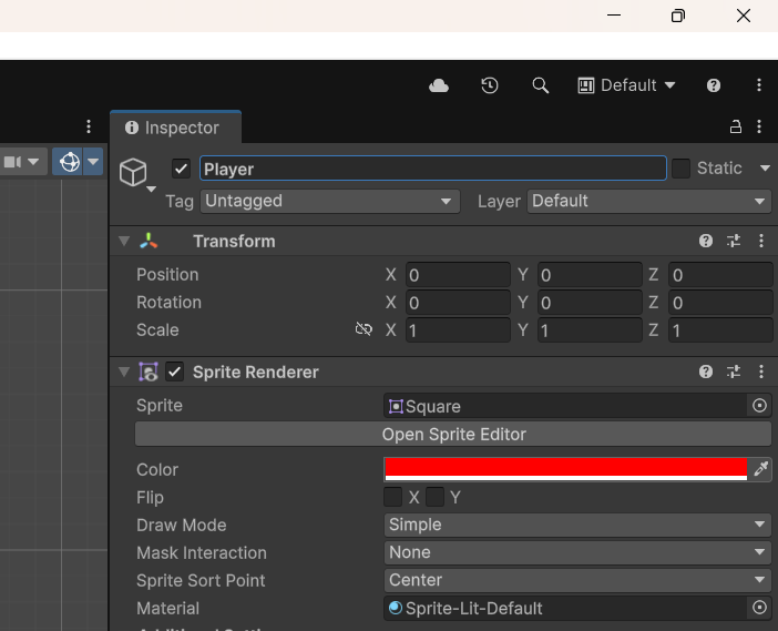 The player object's inspector tab The player object's inspector tab