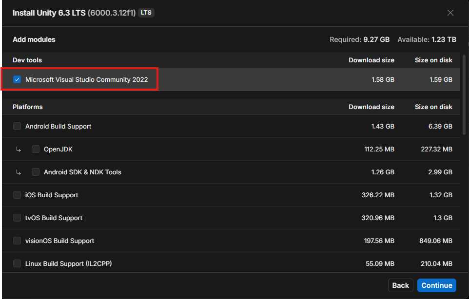 Visual Studio installation checked box